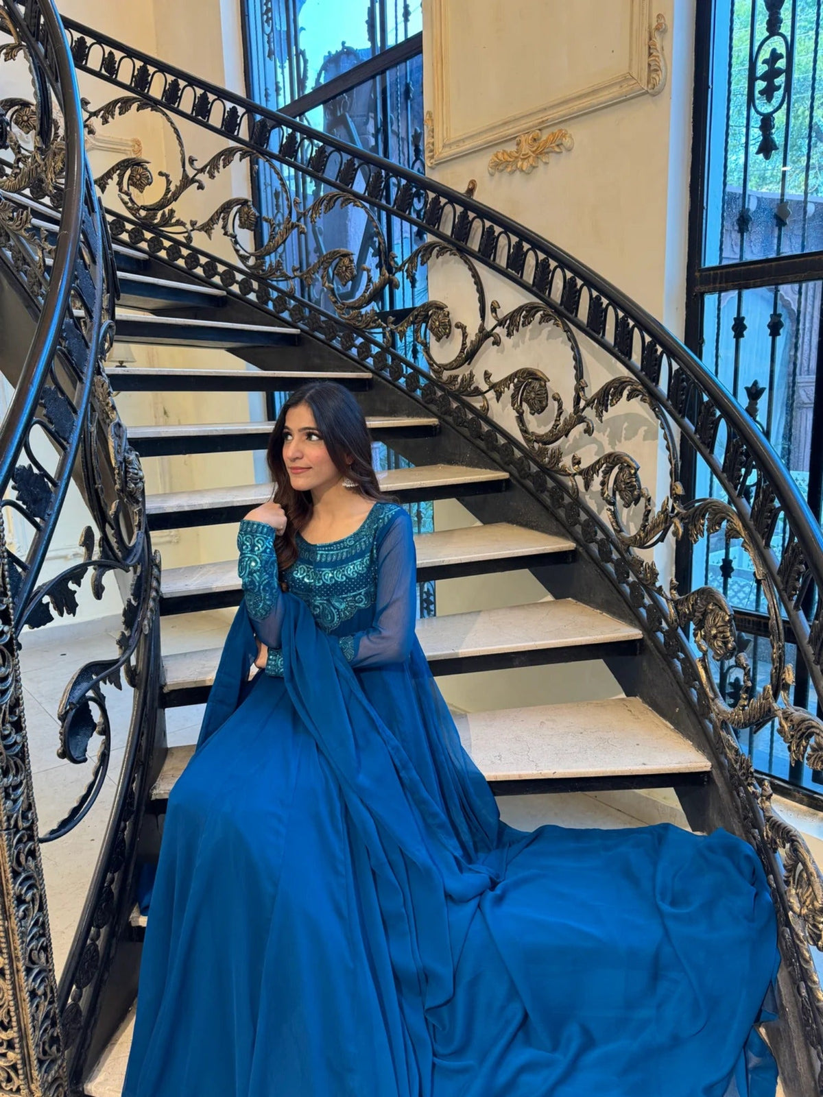 Blue-Hani & Umaima Chiffon Embroidered Pishwas-Dania