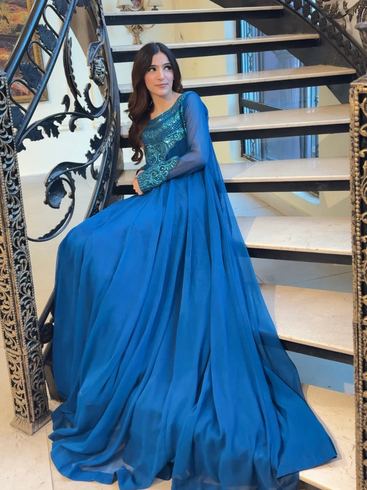 Blue-Hani & Umaima Chiffon Embroidered Pishwas-Dania