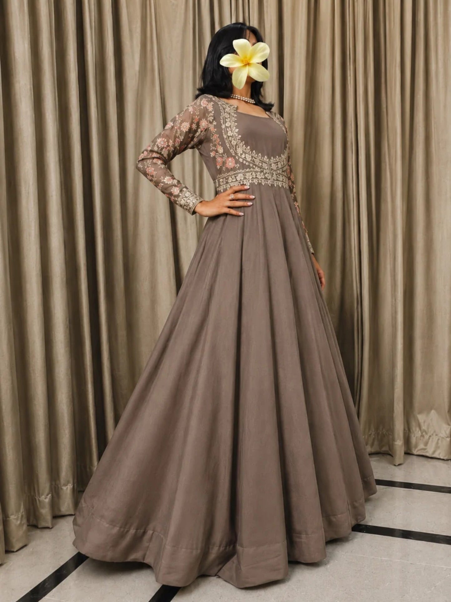 Coffee Brown-Hani & Umaima Chiffon Embellished Pishwas-Mehro