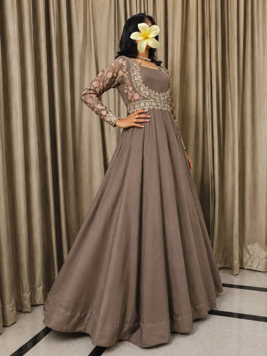 Coffee Brown-Hani & Umaima Chiffon Embellished Pishwas-Mehro