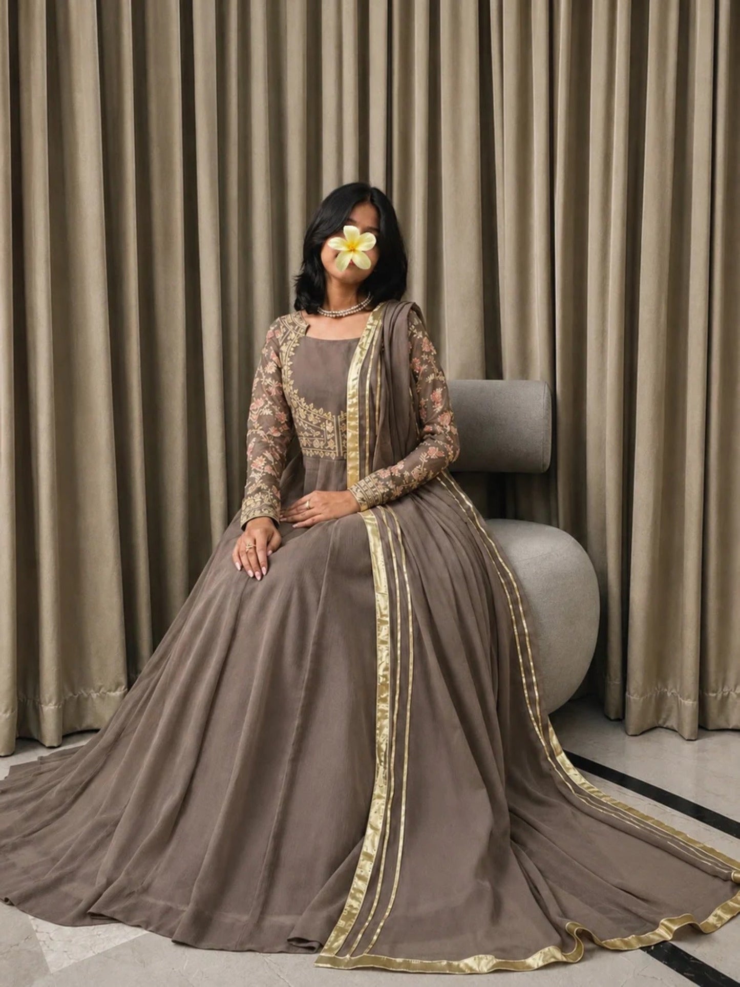 Coffee Brown-Hani & Umaima Chiffon Embellished Pishwas-Mehro