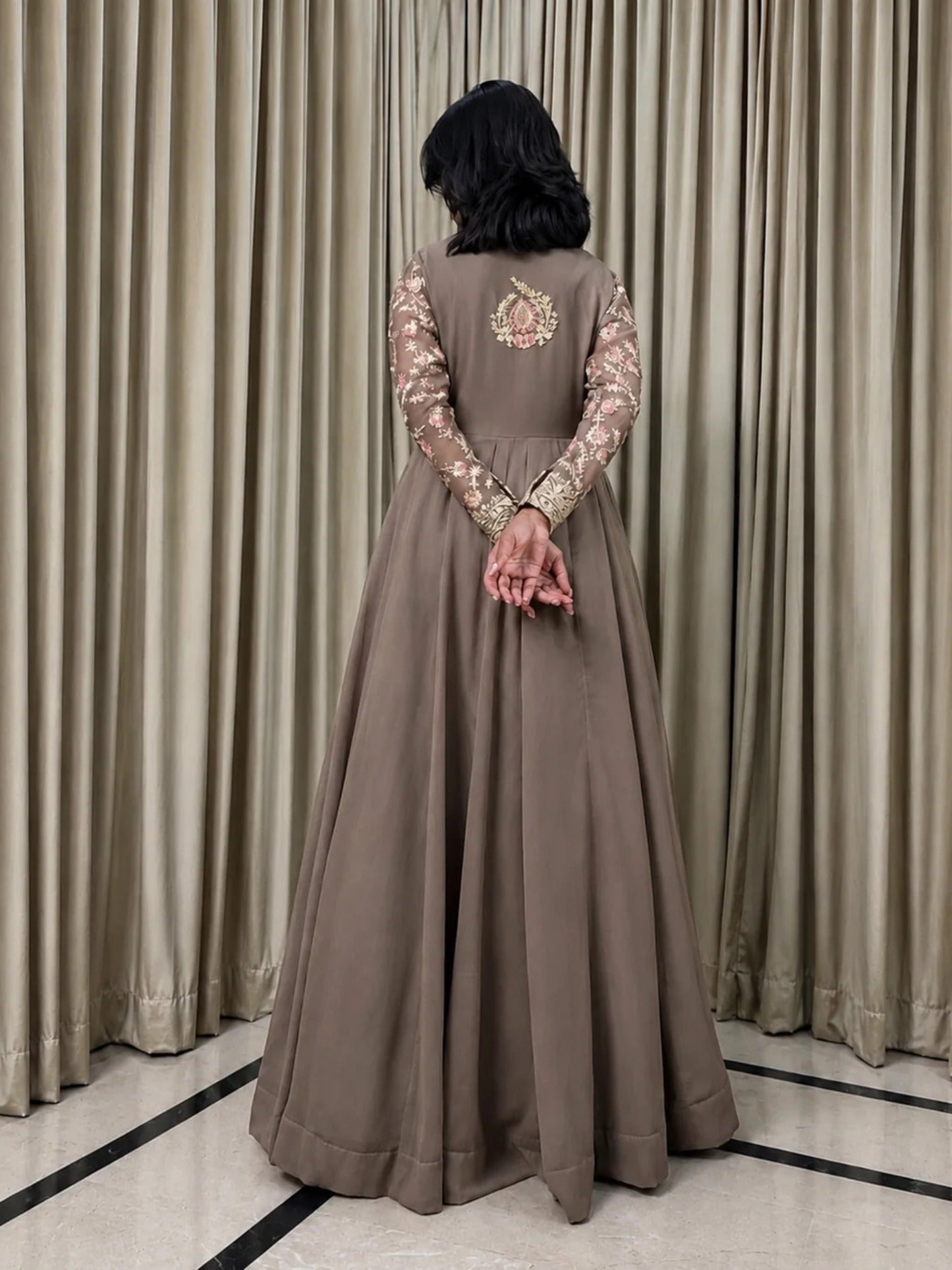 Coffee Brown-Hani & Umaima Chiffon Embellished Pishwas-Mehro
