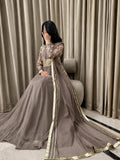 Coffee Brown-Hani & Umaima Chiffon Embellished Pishwas-Mehro