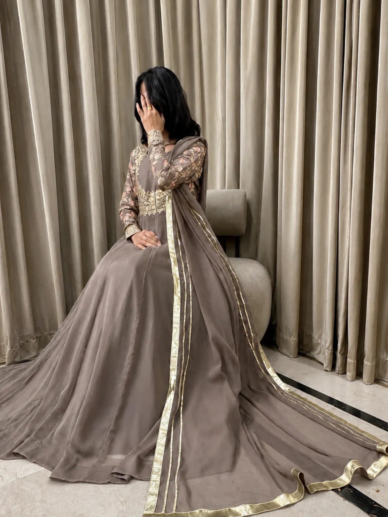 Coffee Brown-Hani & Umaima Chiffon Embellished Pishwas-Mehro