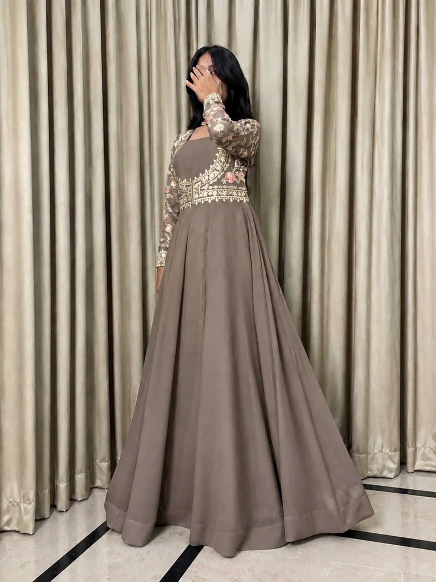 Coffee Brown-Hani & Umaima Chiffon Embellished Pishwas-Mehro