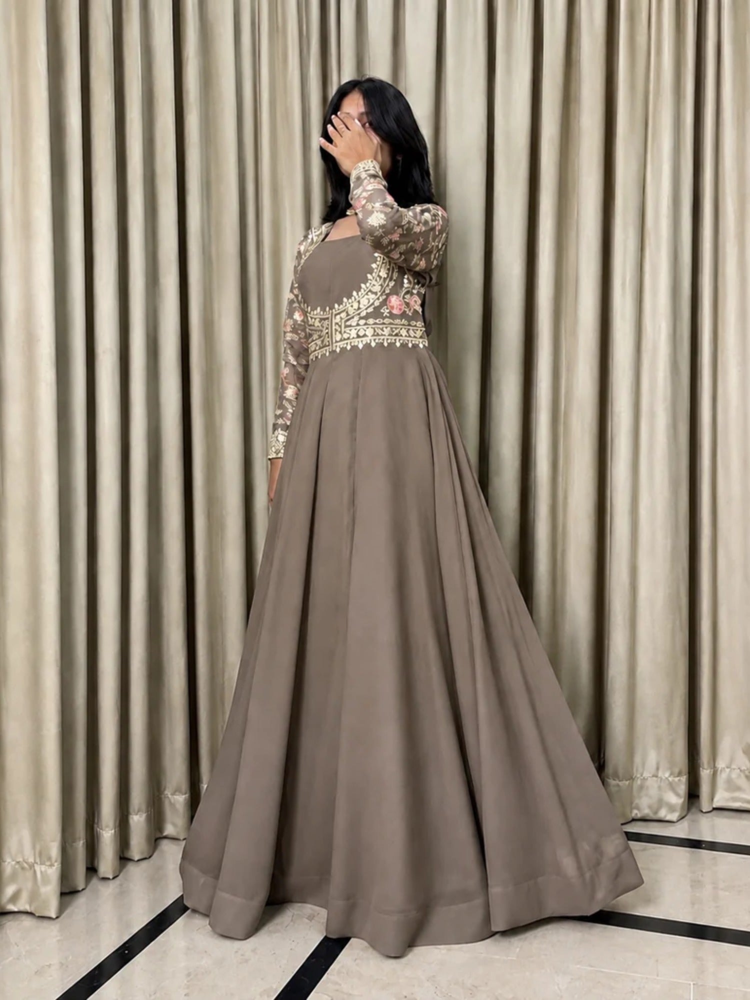 Coffee Brown-Hani & Umaima Chiffon Embellished Pishwas-Mehro