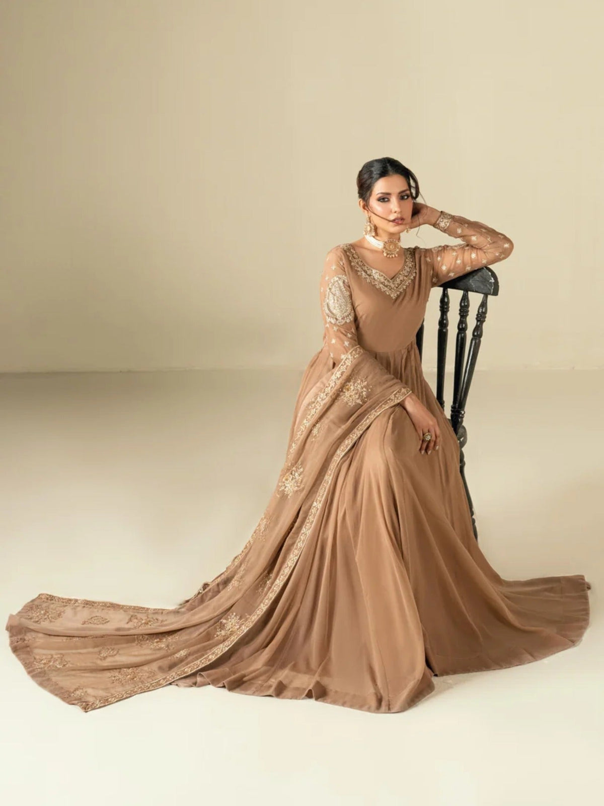 Brown-Hani & Umaima Chiffon Embroidered Pishwas-Rosa 