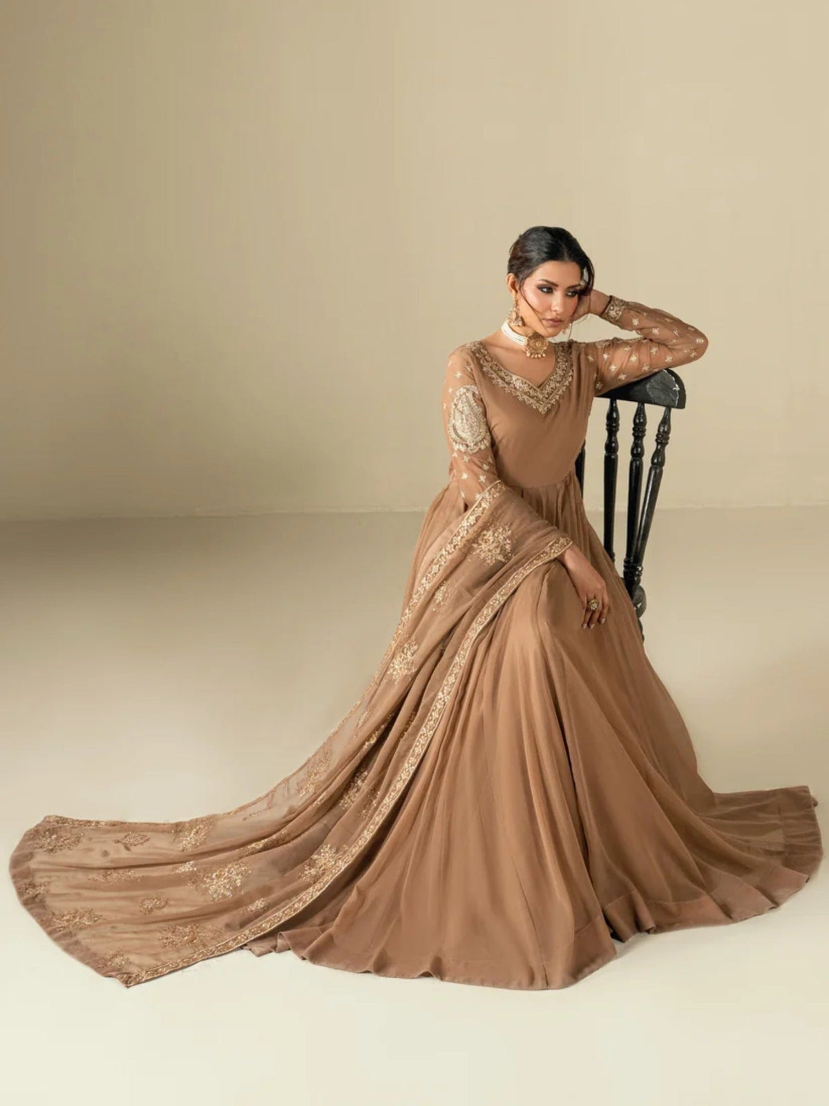 Brown-Hani & Umaima Chiffon Embroidered Pishwas-Rosa 