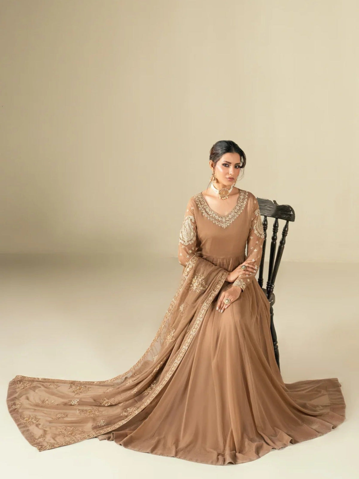 Brown-Hani & Umaima Chiffon Embroidered Pishwas-Rosa 