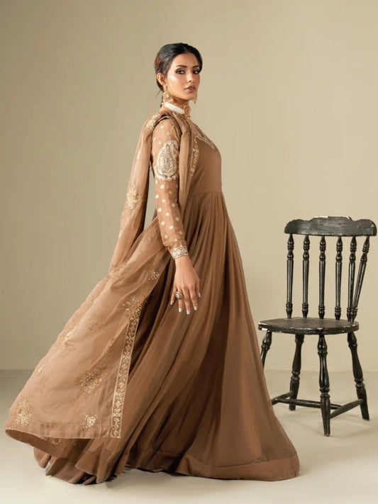 Brown-Hani & Umaima Chiffon Embroidered Pishwas-Rosa 