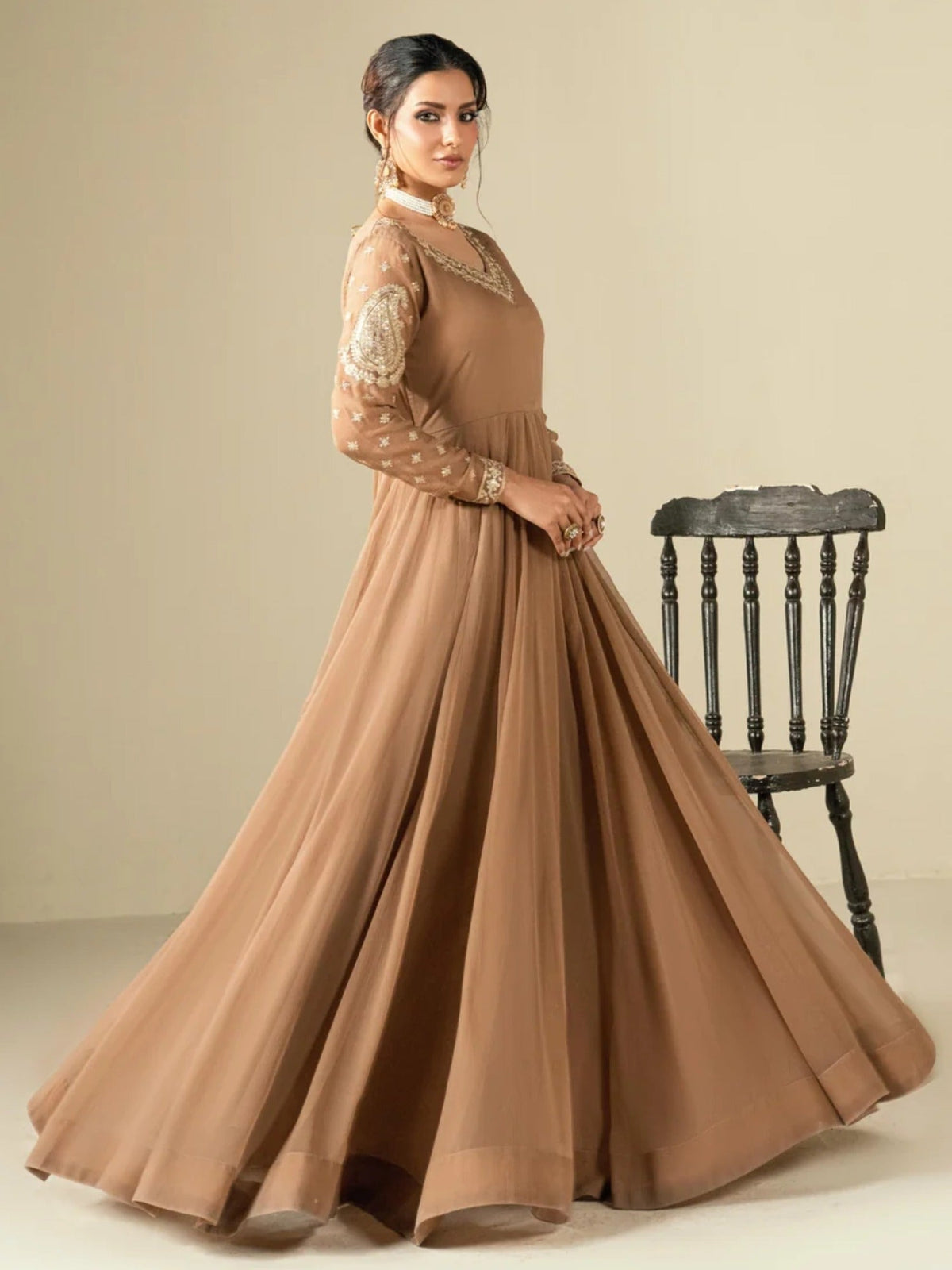 Brown-Hani & Umaima Chiffon Embroidered Pishwas-Rosa 