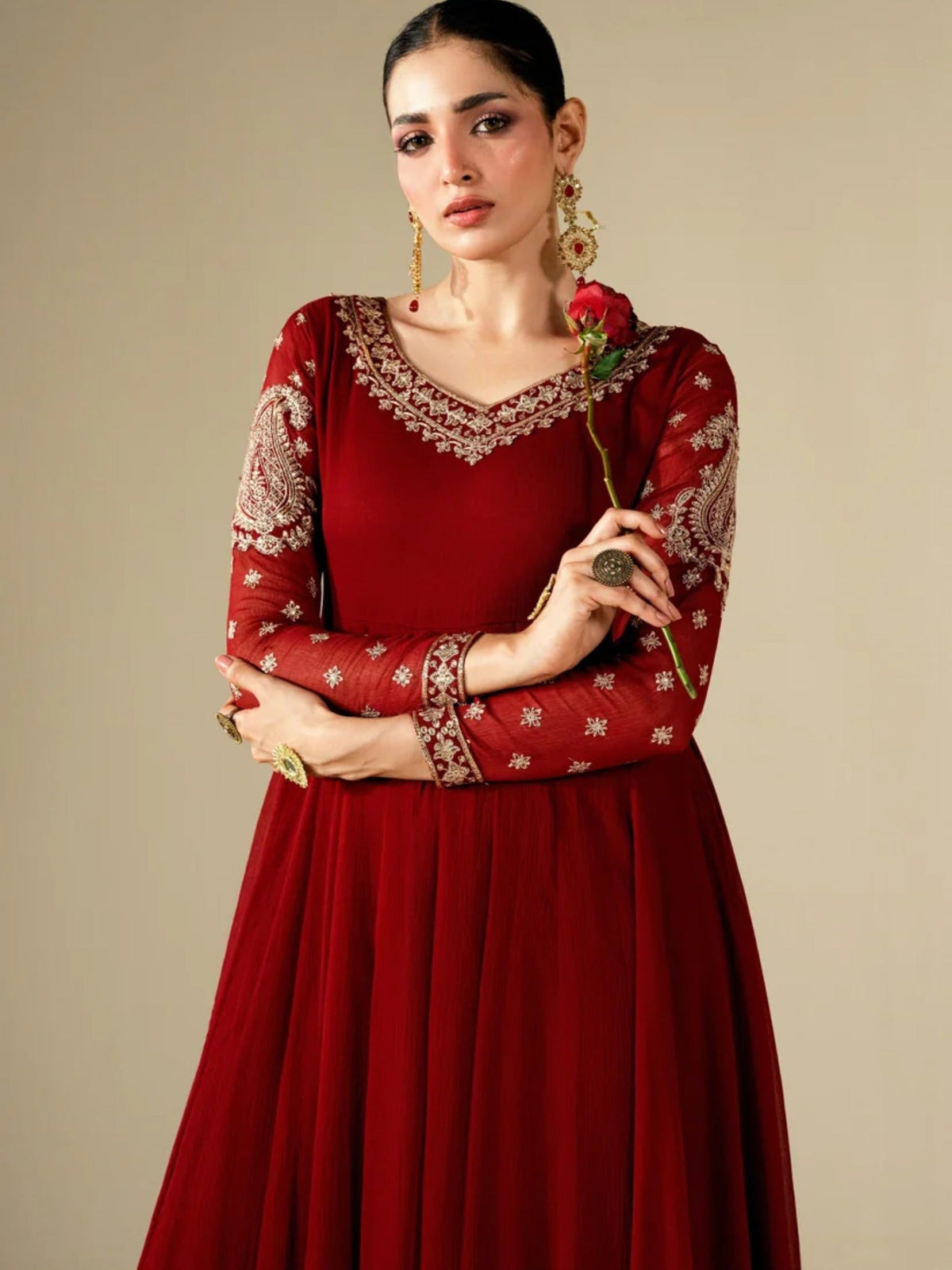 Mroon-Hani & Umaima Chiffon Embroidered Pishwas-Nora
