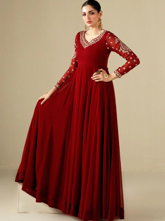 Mroon-Hani & Umaima Chiffon Embroidered Pishwas-Nora