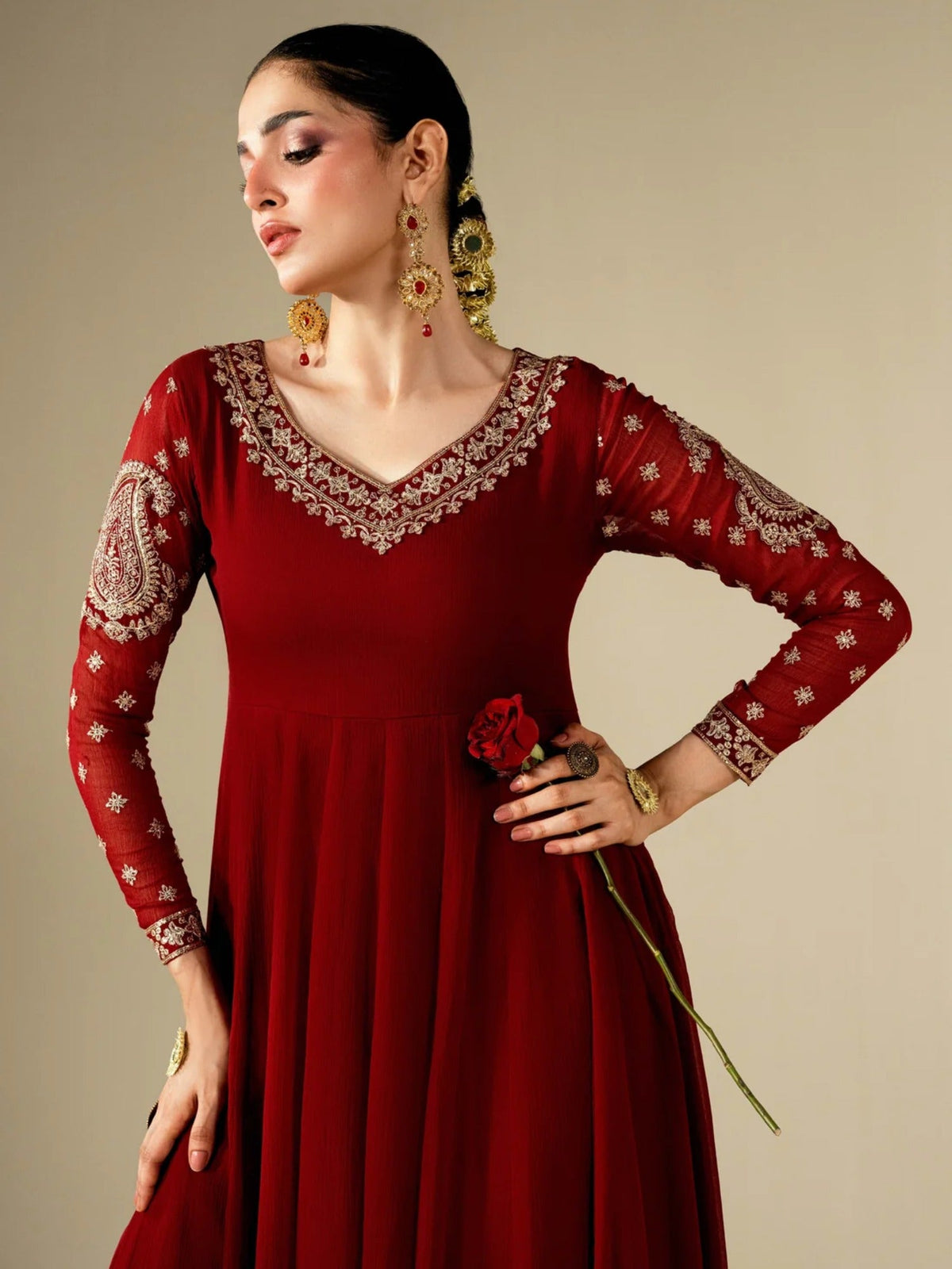 Mroon-Hani & Umaima Chiffon Embroidered Pishwas-Nora