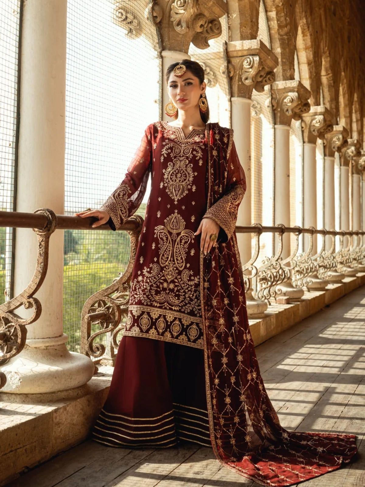 Maroon-Hani & Umaima Chiffon Embroidered Stitched 3-Piece Suit-Nehal