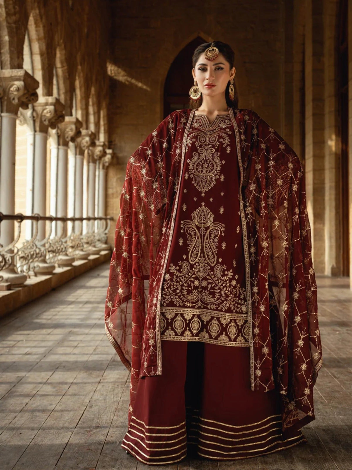 Maroon-Hani & Umaima Chiffon Embroidered Stitched 3-Piece Suit-Nehal