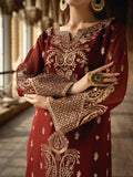 Maroon-Hani & Umaima Chiffon Embroidered Stitched 3-Piece Suit-Nehal
