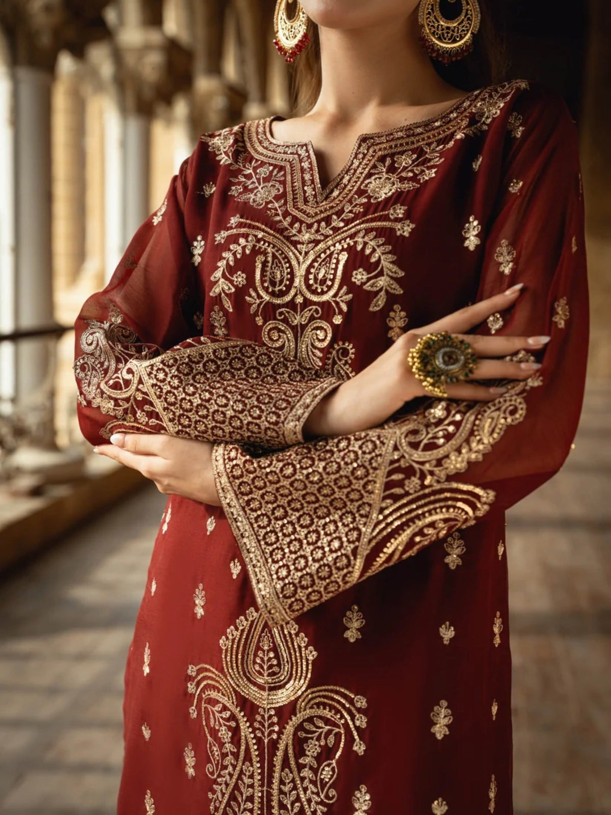 Maroon-Hani & Umaima Chiffon Embroidered Stitched 3-Piece Suit-Nehal