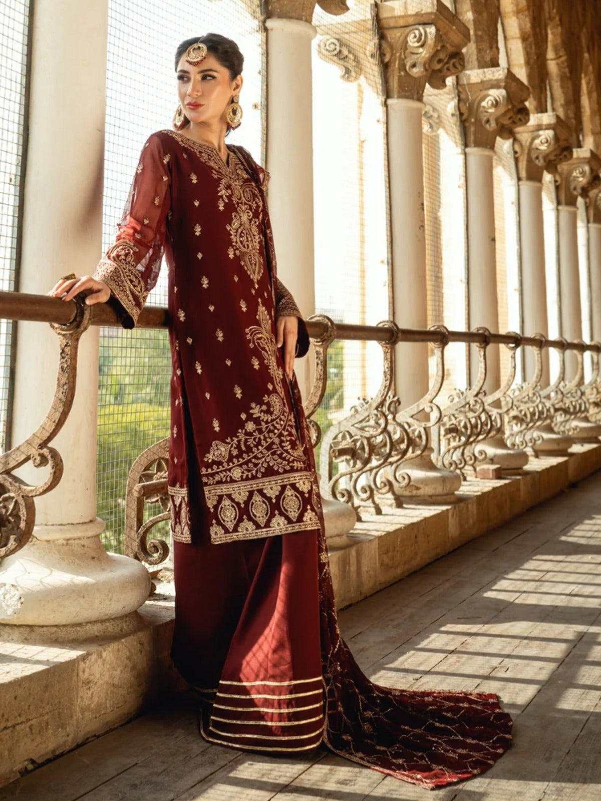 Maroon-Hani & Umaima Chiffon Embroidered Stitched 3-Piece Suit-Nehal