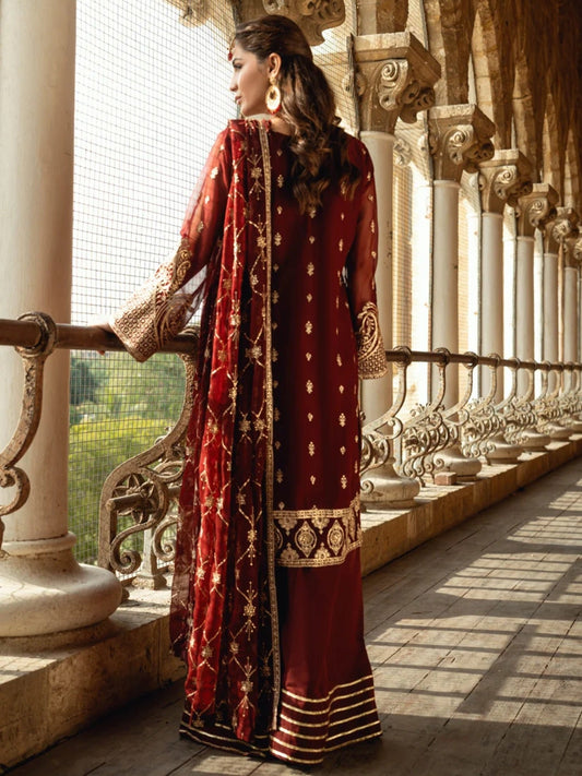 Maroon-Hani & Umaima Chiffon Embroidered Stitched 3-Piece Suit-Nehal