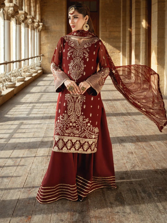 Maroon-Hani & Umaima Chiffon Embroidered Stitched 3-Piece Suit-Nehal