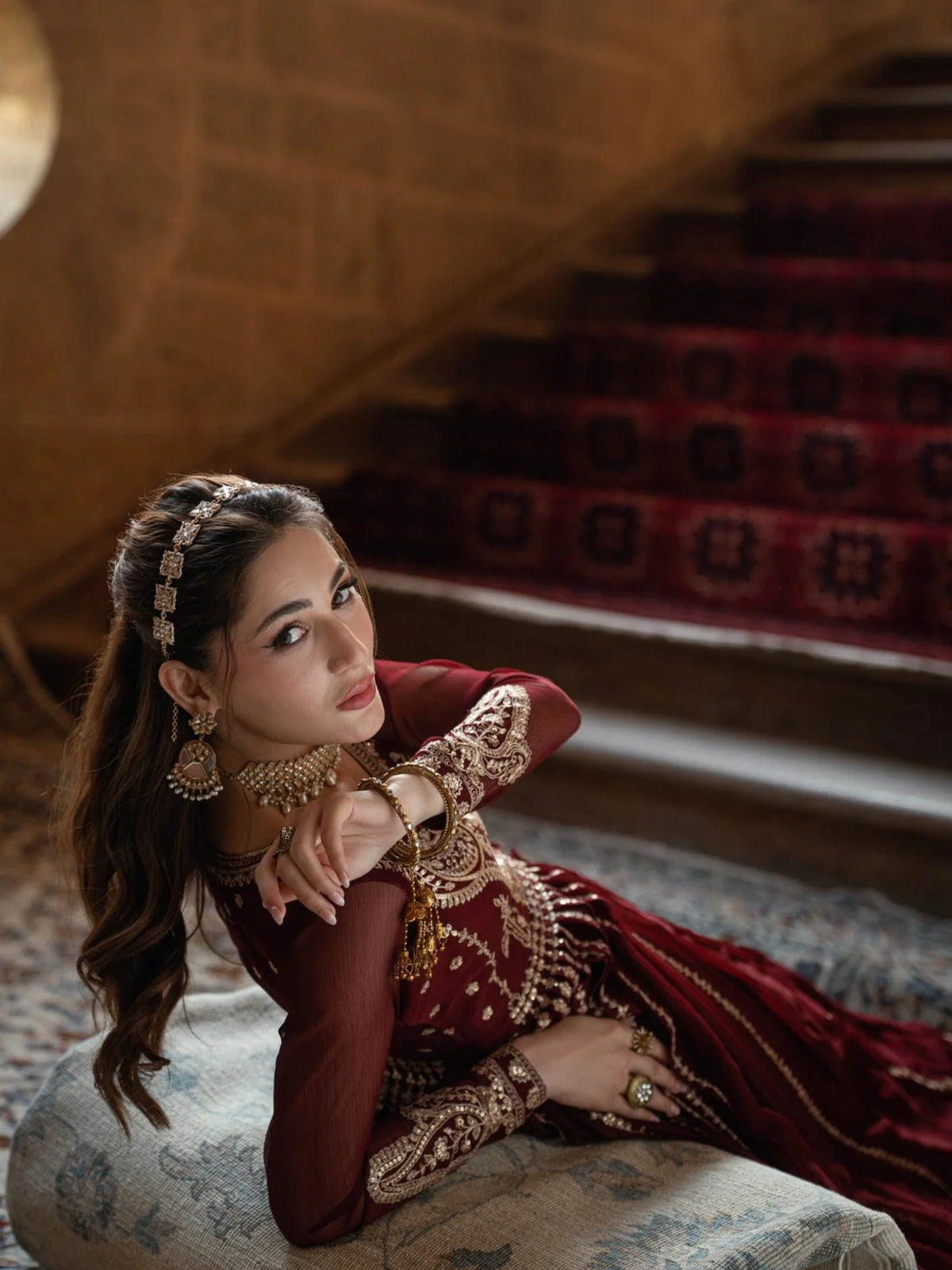 Maroon-Hani & Umaima Chiffon Embroidered Pishwas-Apsara