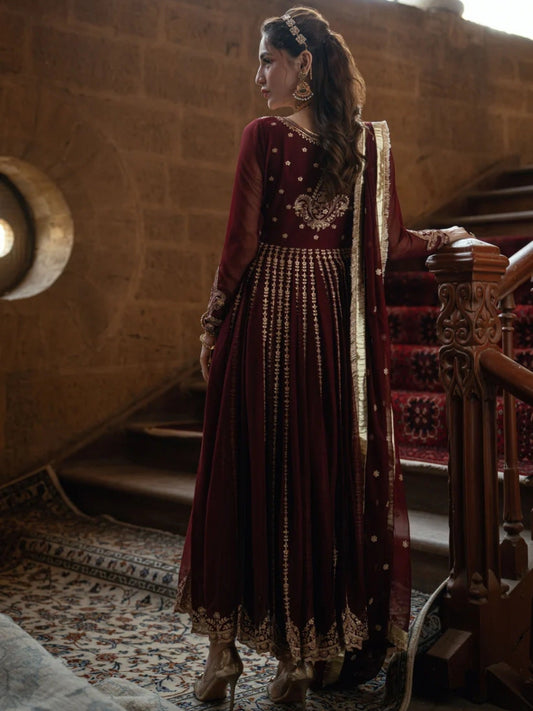 Maroon-Hani & Umaima Chiffon Embroidered Pishwas-Apsara
