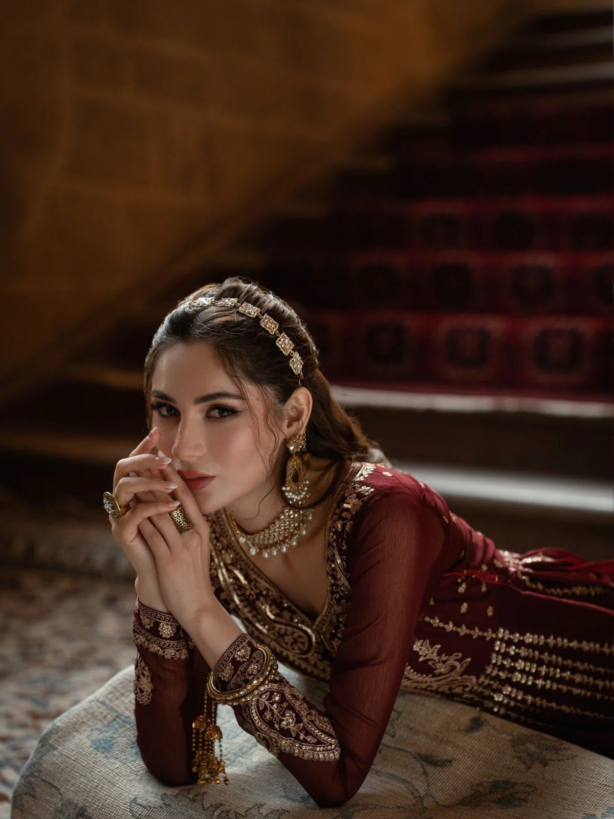 Maroon-Hani & Umaima Chiffon Embroidered Pishwas-Apsara