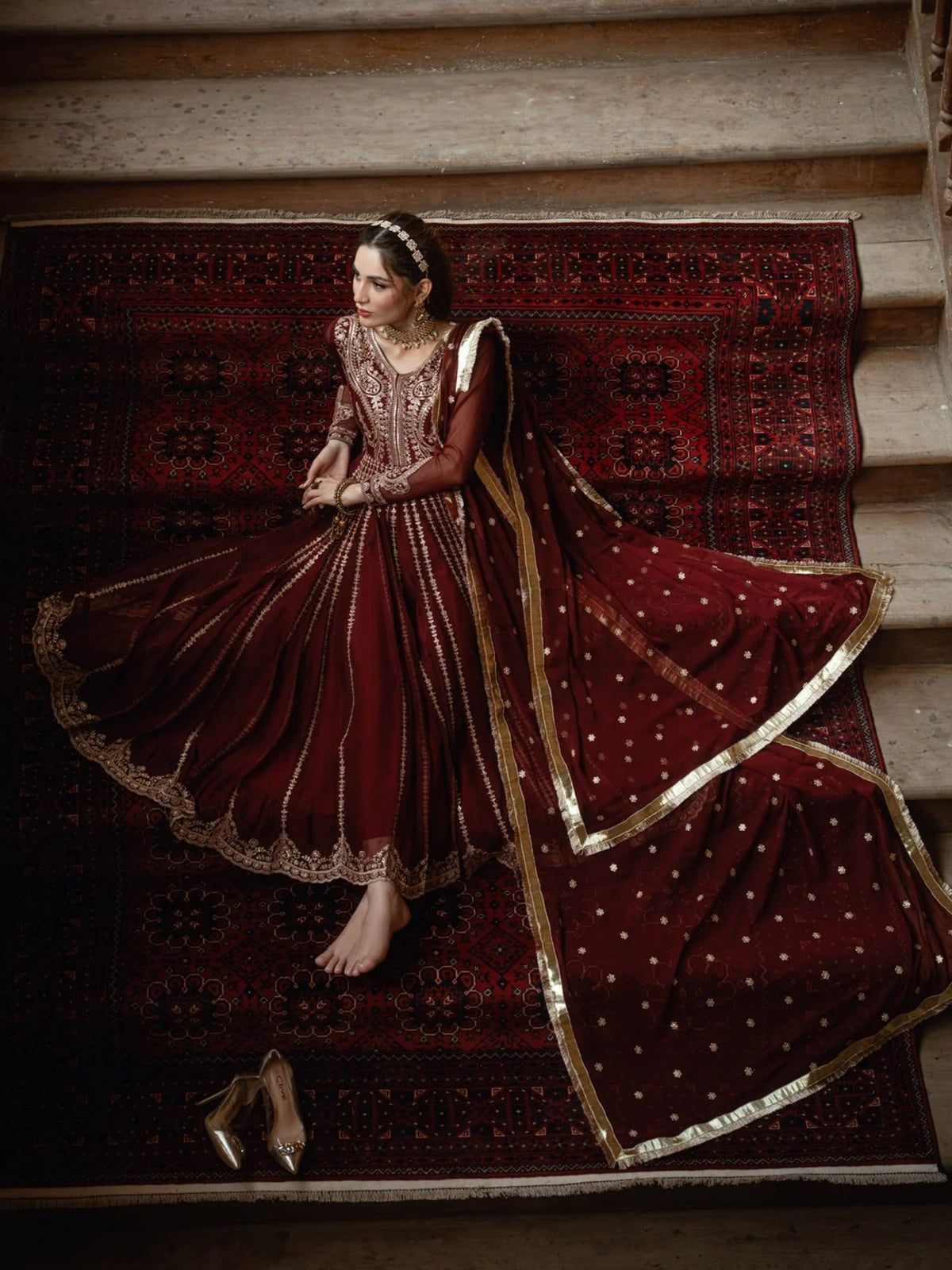 Maroon-Hani & Umaima Chiffon Embroidered Pishwas-Apsara