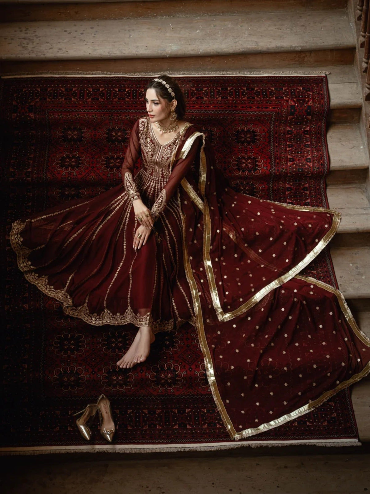 Maroon-Hani & Umaima Chiffon Embroidered Pishwas-Apsara