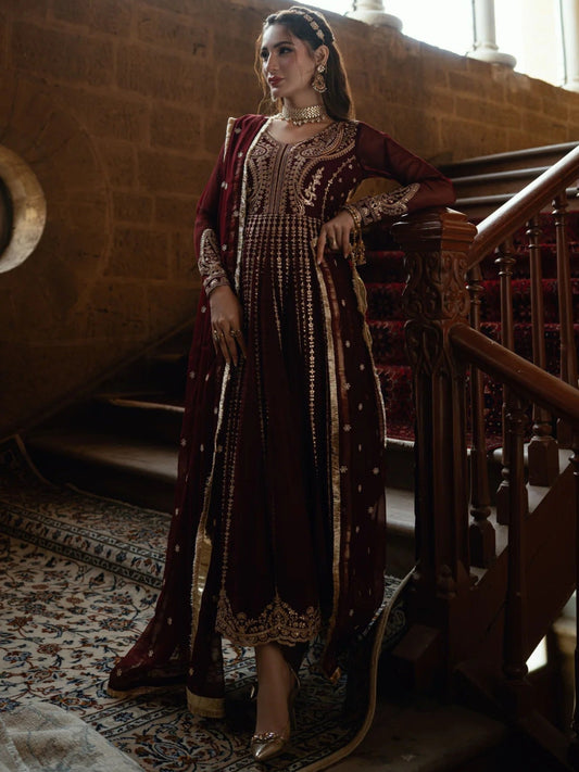 Maroon-Hani & Umaima Chiffon Embroidered Pishwas-Apsara
