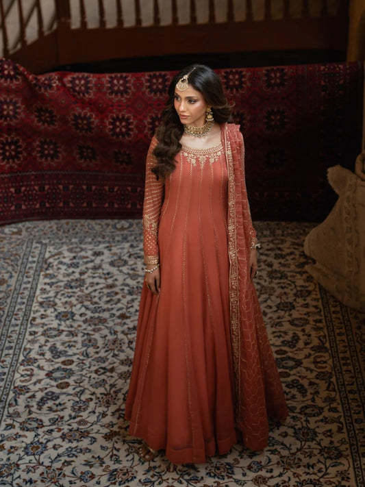 Peachy Pink-Hani & Umaima Chiffon Embroidered Pishwas-Evania