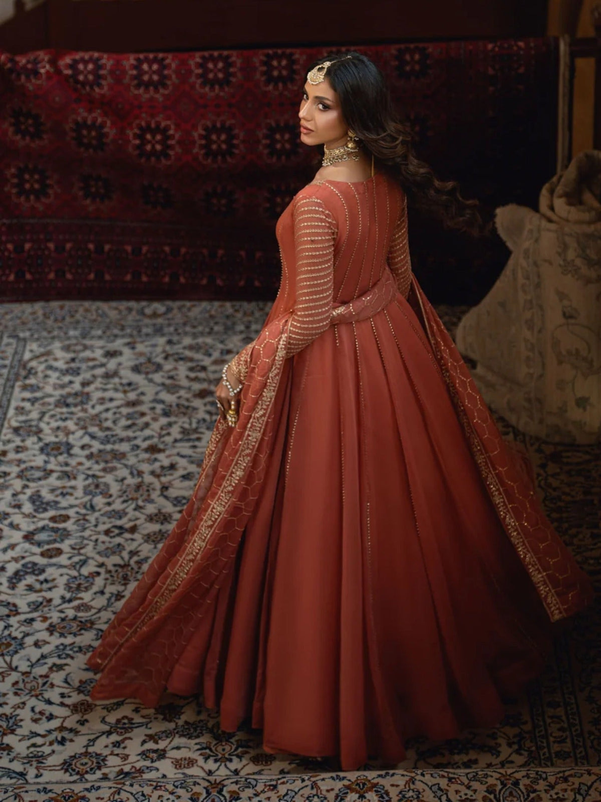 Peachy Pink-Hani & Umaima Chiffon Embroidered Pishwas-Evania