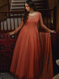 Peachy Pink-Hani & Umaima Chiffon Embroidered Pishwas-Evania