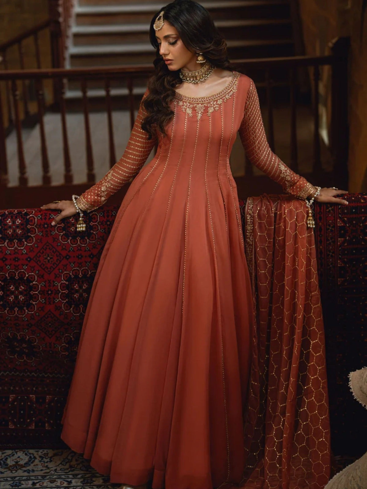 Peachy Pink-Hani & Umaima Chiffon Embroidered Pishwas-Evania