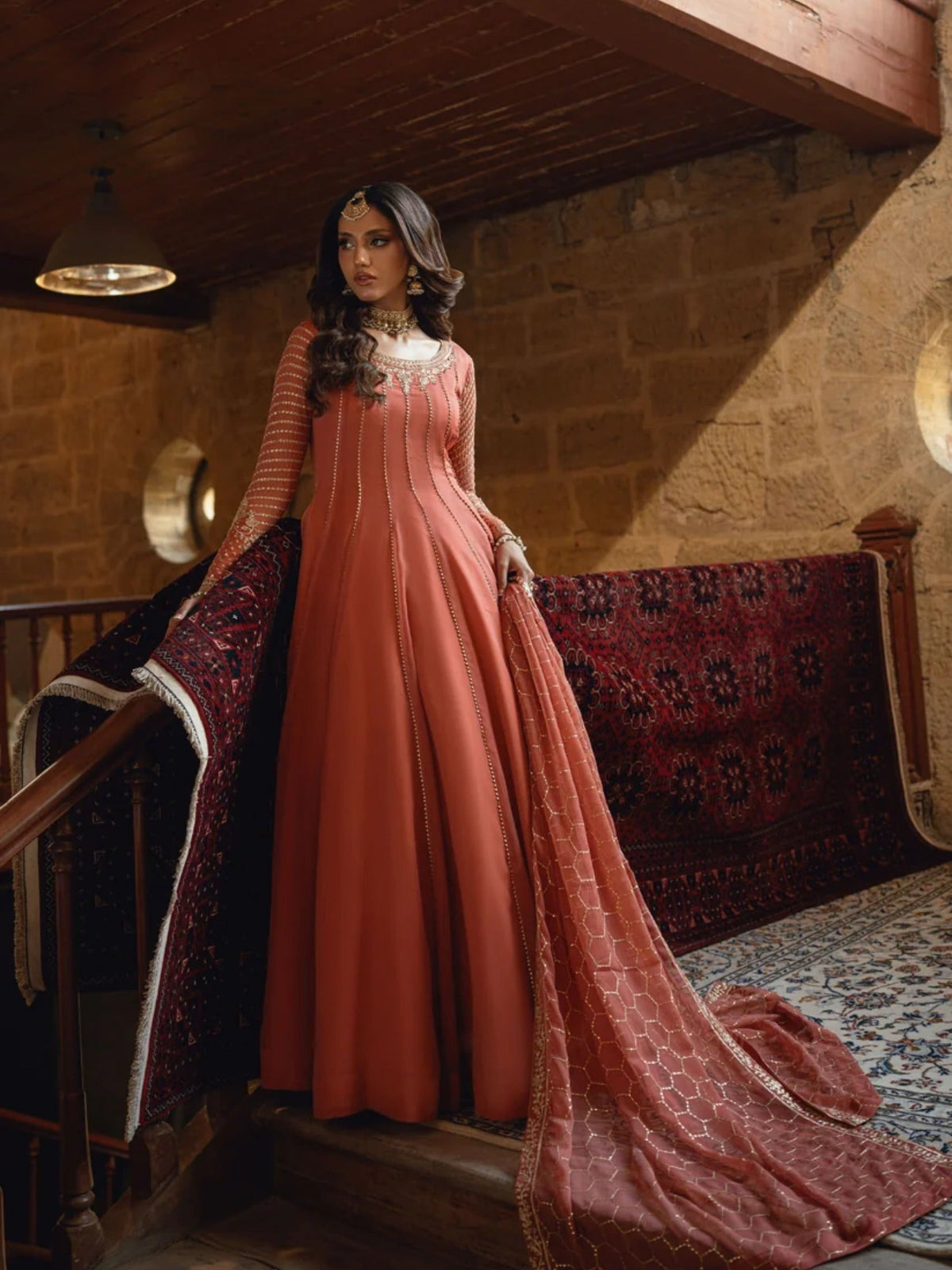 Peachy Pink-Hani & Umaima Chiffon Embroidered Pishwas-Evania