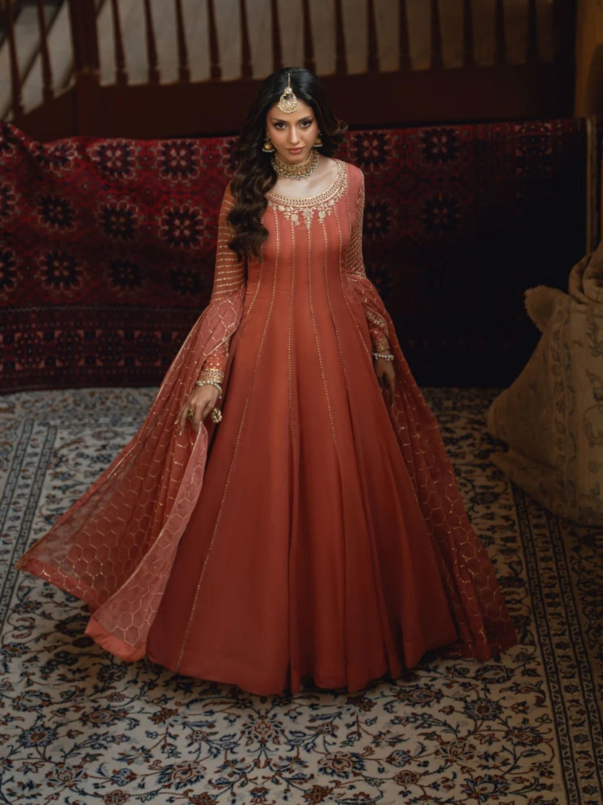 Peachy Pink-Hani & Umaima Chiffon Embroidered Pishwas-Evania