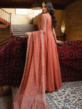 Peachy Pink-Hani & Umaima Chiffon Embroidered Pishwas-Evania