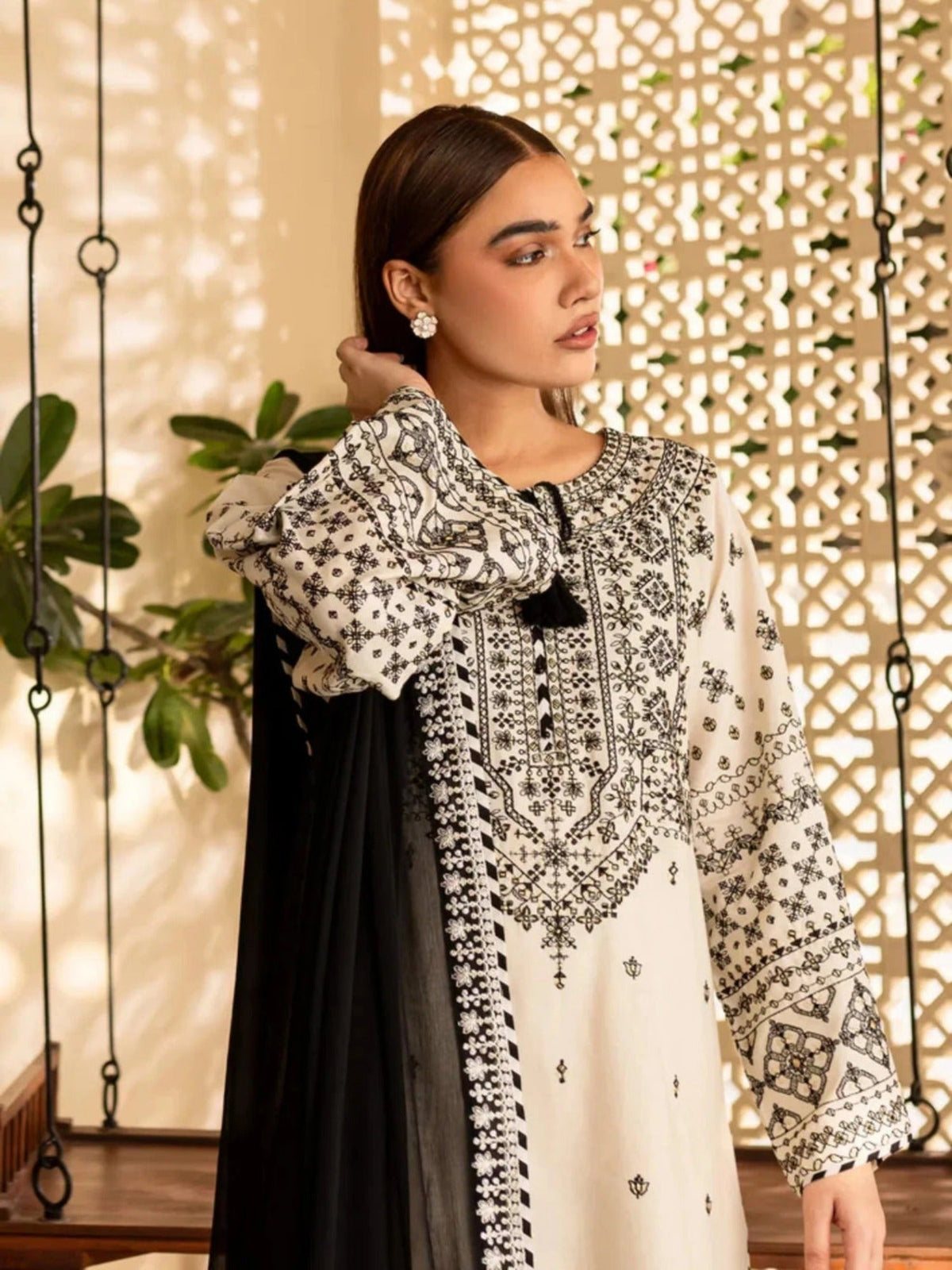 White-Alina Lime Linen Embroidered Stitched 3-Piece Suit-White lime