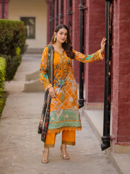 Orange Lamorado Lawn Printed Unstitched 3-Piece Suit-LWSU-25P301