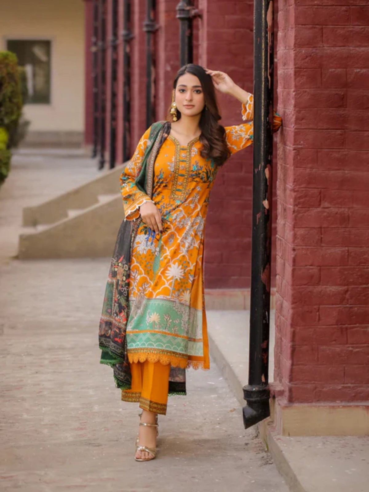 Orange Lamorado Lawn Printed Unstitched 3-Piece Suit-LWSU-25P301