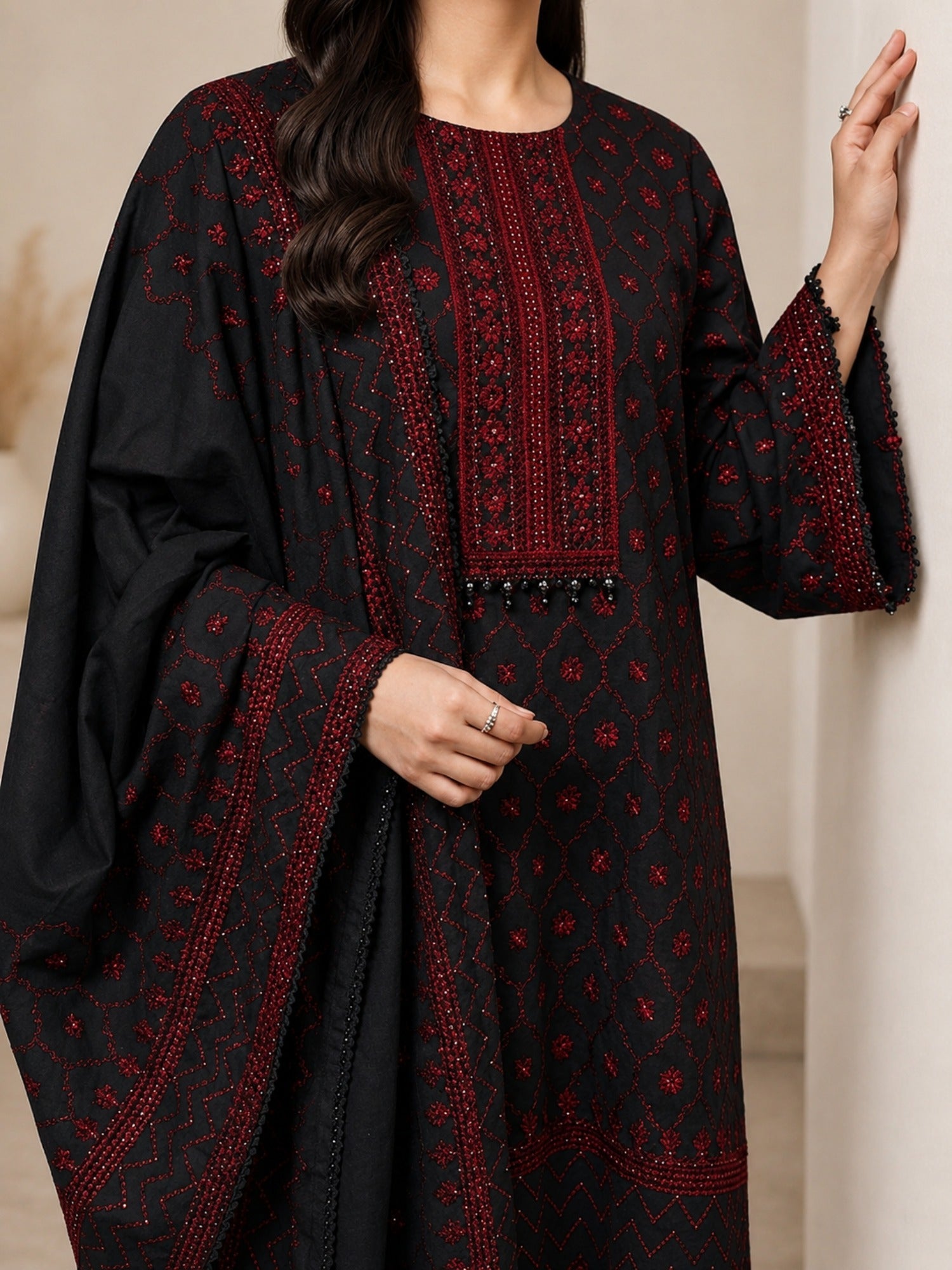 Black and Red-Alina Lime Lawn Embroidered Stitched 3-Piece Suit-Karina 
