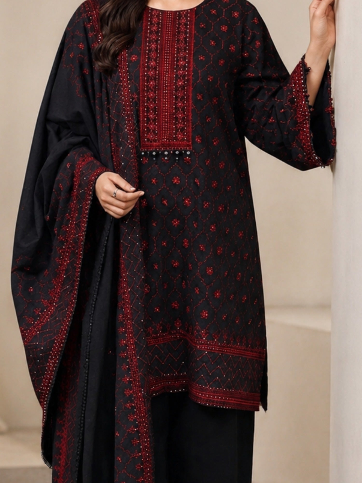 Black and Red-Alina Lime Lawn Embroidered Stitched 3-Piece Suit-Karina 
