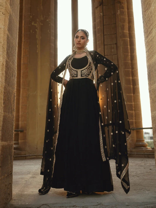 Black-Hani & Umaima Chiffon Embroidered Pishwas-Monica