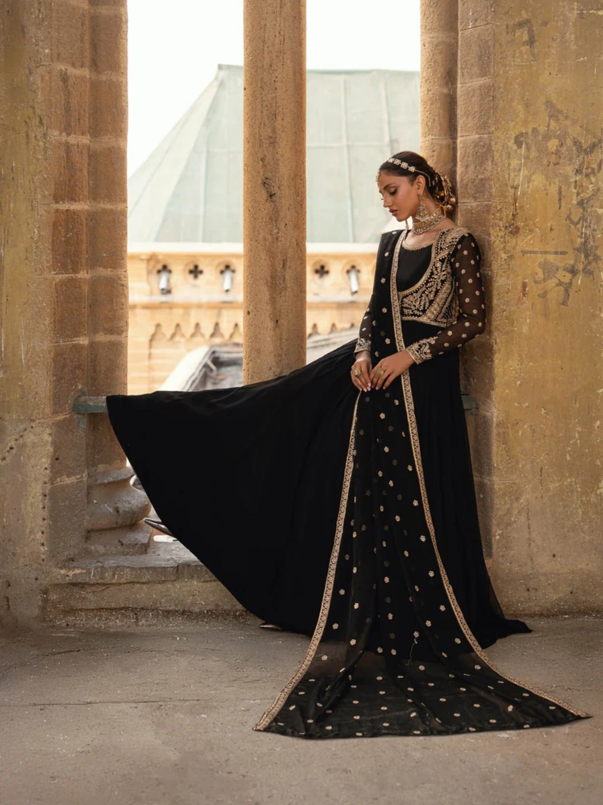 Black-Hani & Umaima Chiffon Embroidered Pishwas-Monica