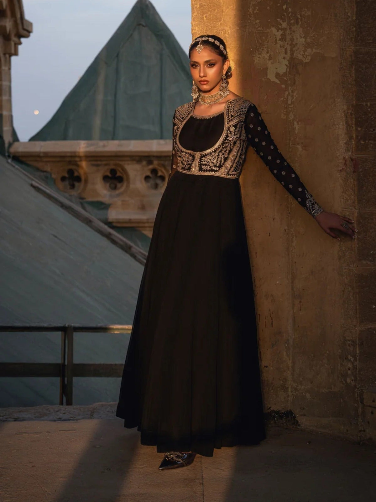 Black-Hani & Umaima Chiffon Embroidered Pishwas-Monica