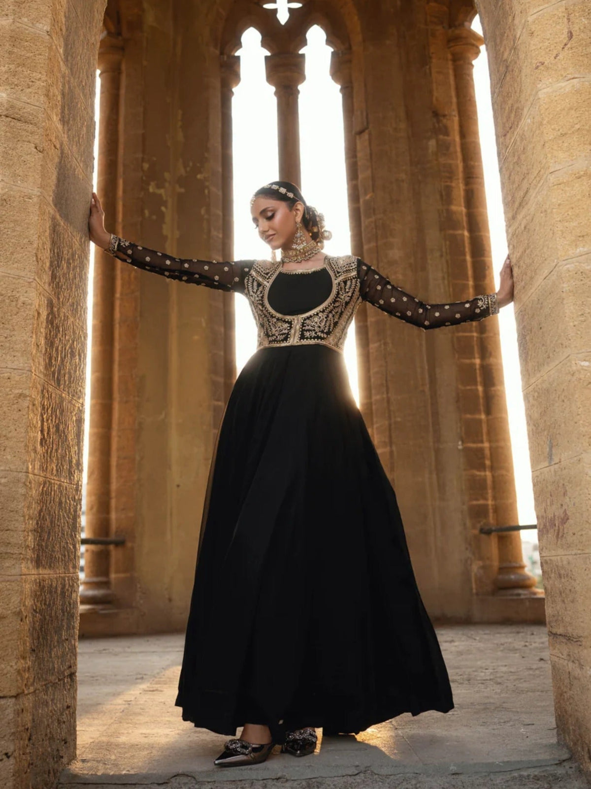 Black-Hani & Umaima Chiffon Embroidered Pishwas-Monica