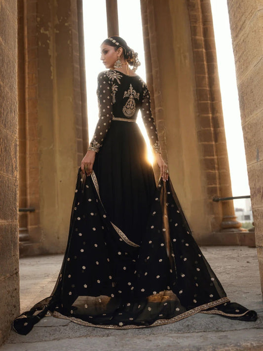 Black-Hani & Umaima Chiffon Embroidered Pishwas-Monica