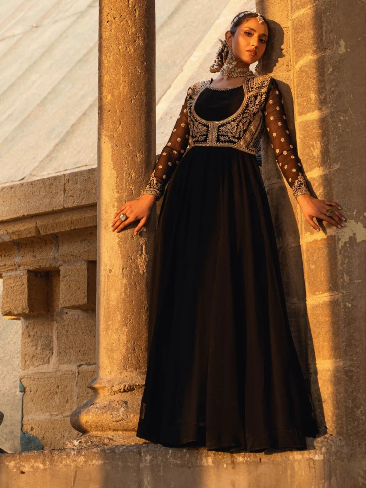Black-Hani & Umaima Chiffon Embroidered Pishwas-Monica