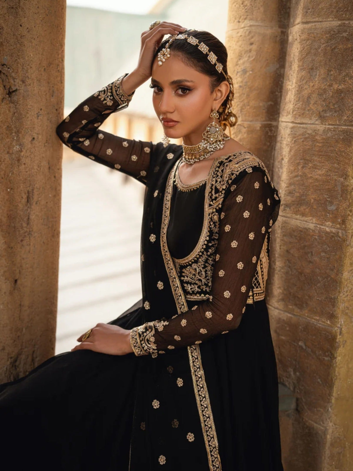 Black-Hani & Umaima Chiffon Embroidered Pishwas-Monica